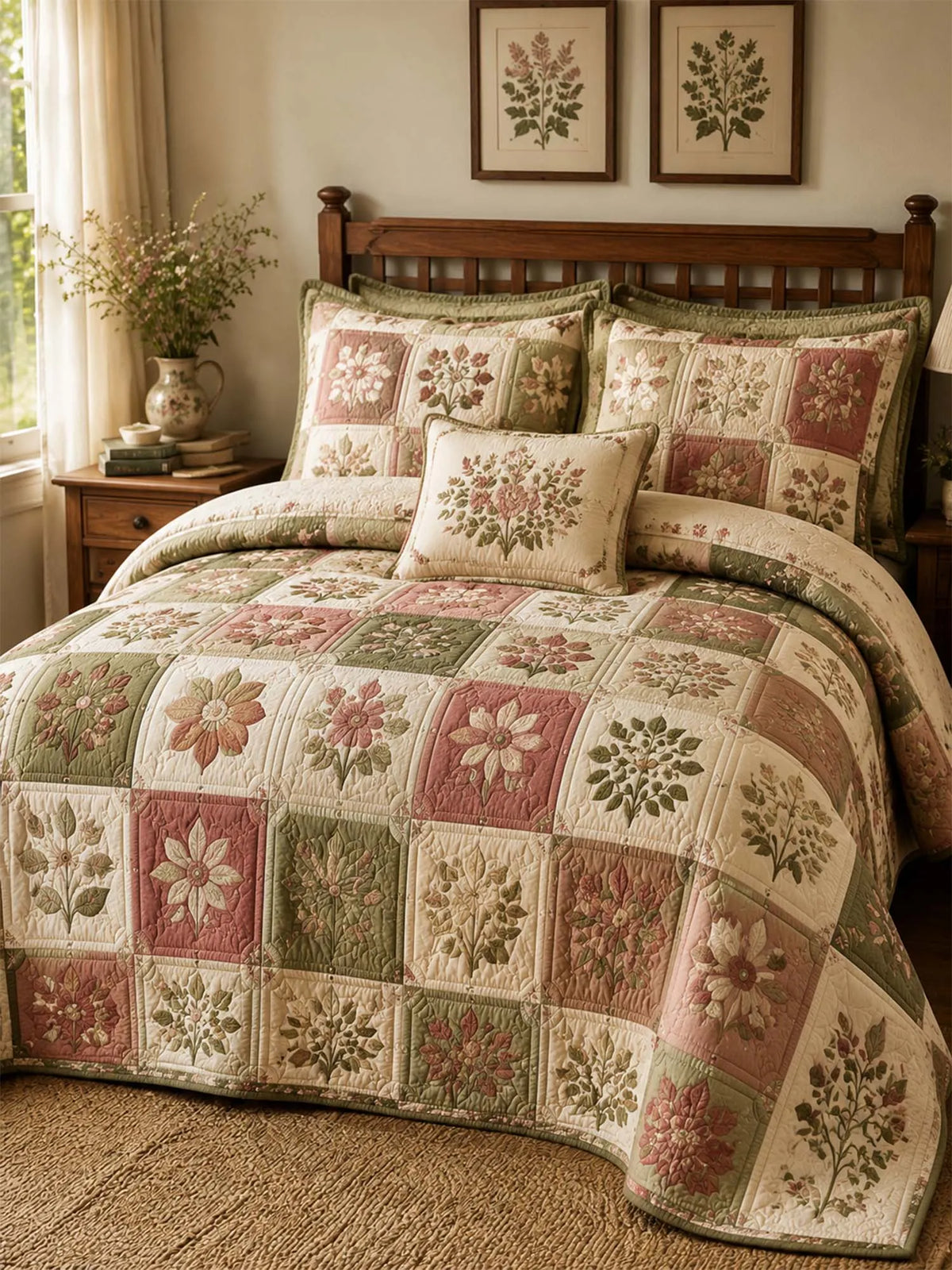Vintage Floral Patchwork Quilted 3-Piece Bedding Set – Luxury Quilted Bedding with Matching Pillow Shams