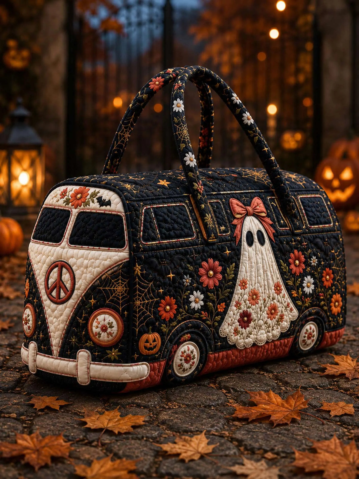Cute Ghost Floral Peace Sign Quilted Travel Duffle Bag
