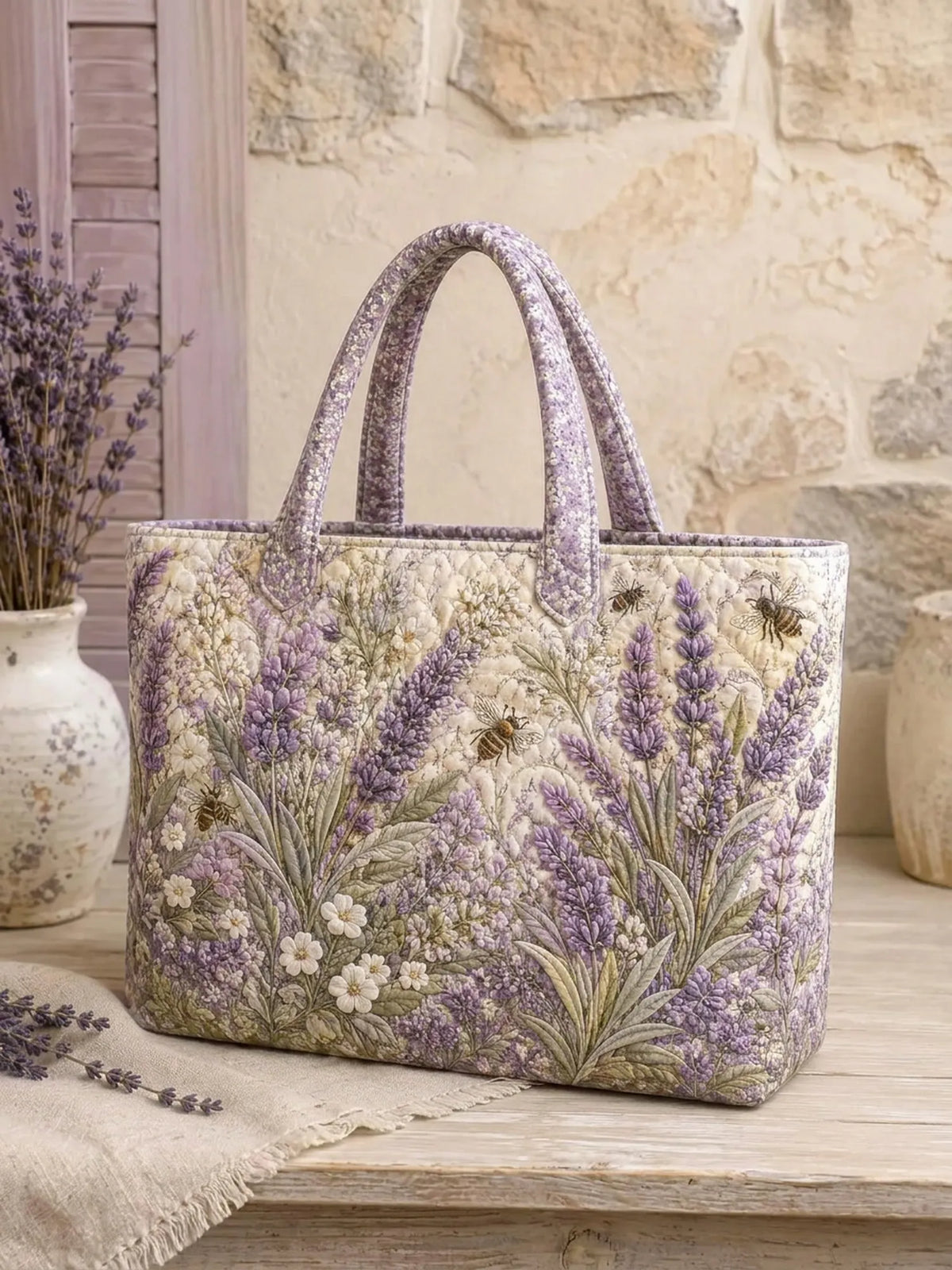 Lavender Bee Wildflower Vintage Patchwork Quilted Tote Bag