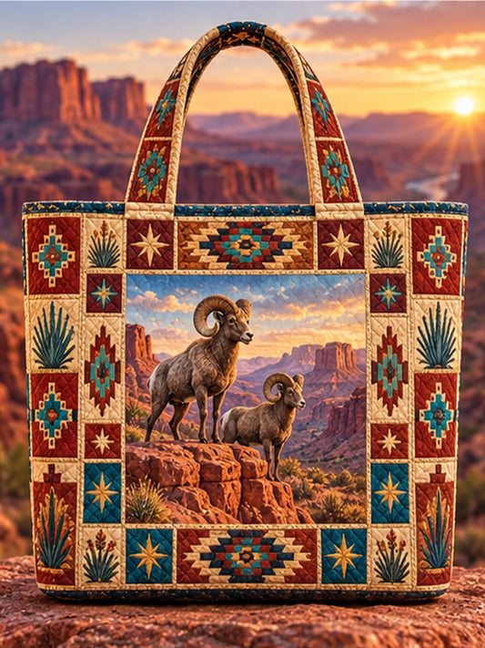 Western Bighorn Sheep Canyon Sunset Navajo Patchwork Quilted Tote Bag