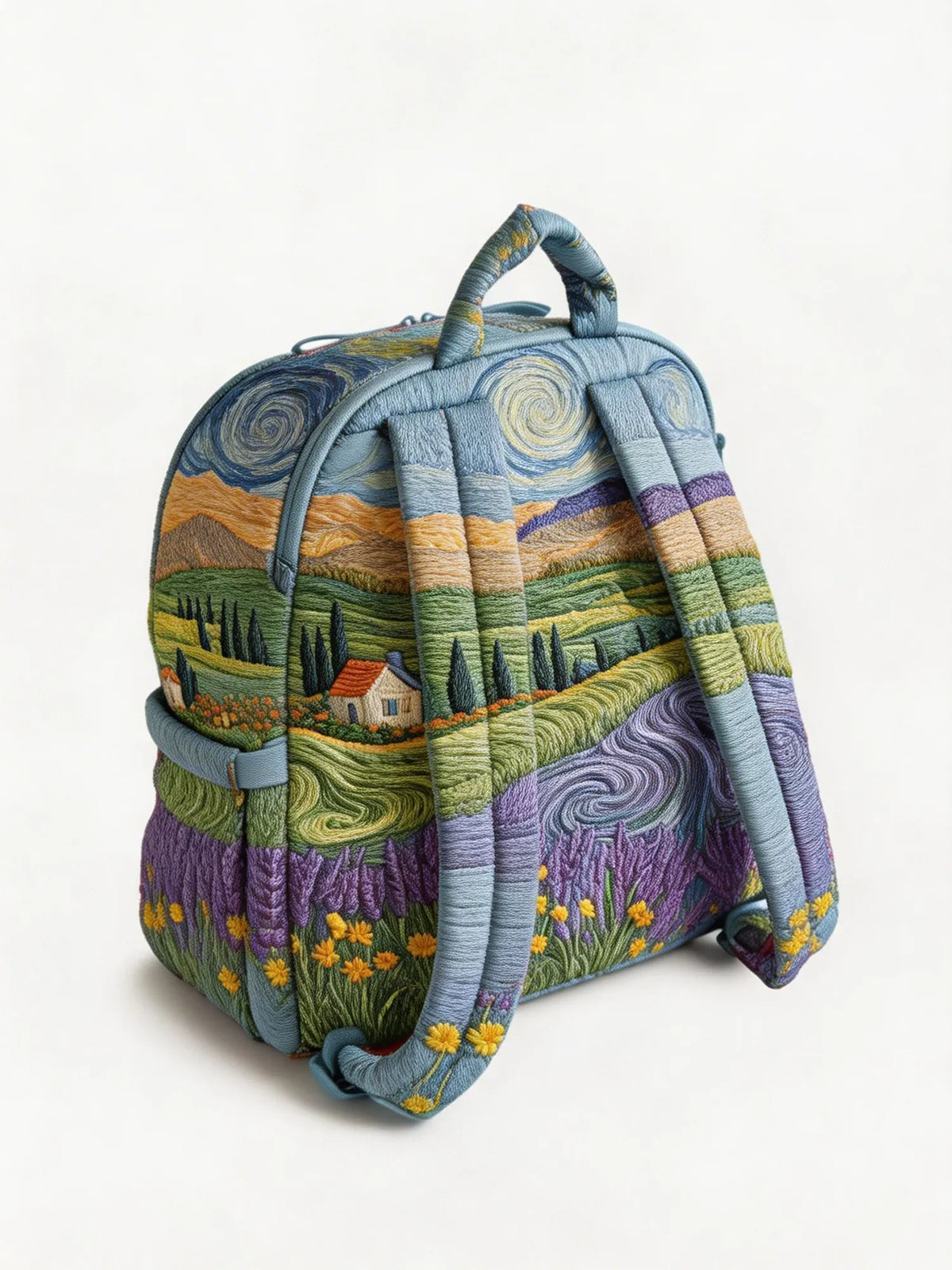 Van Gogh-Style Pastoral Landscape Quilted Backpack