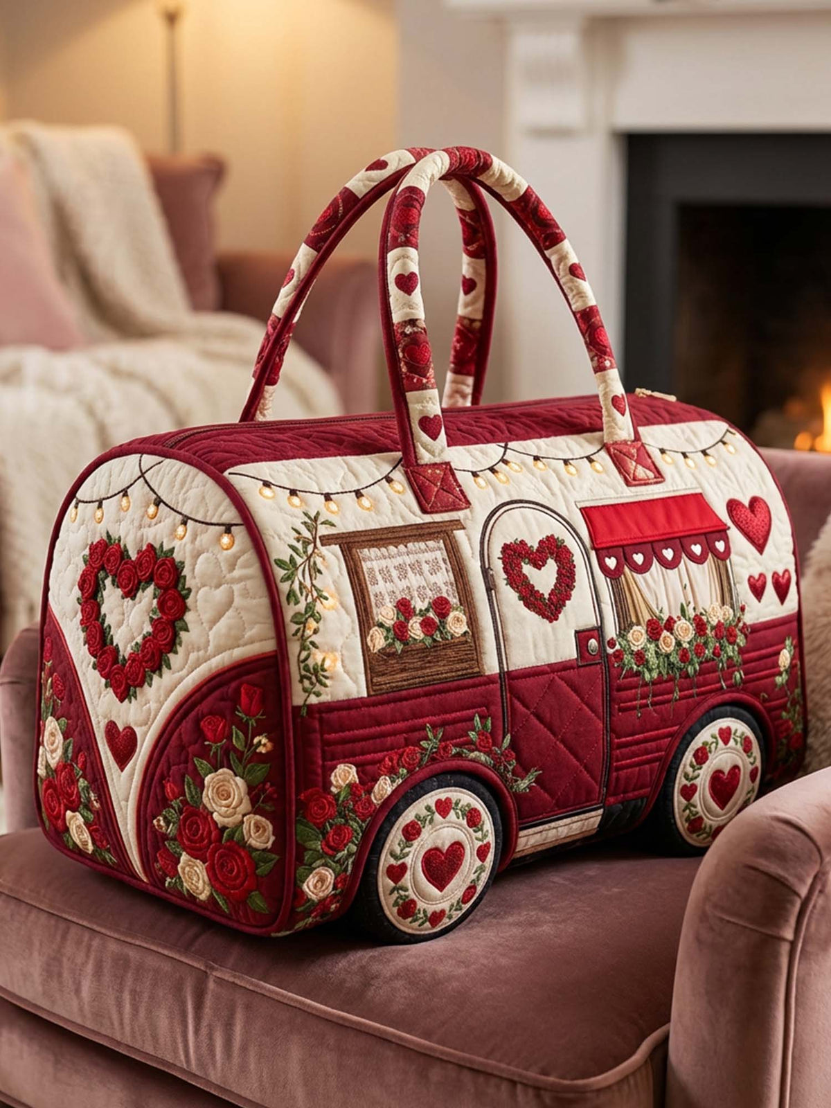 Heart Rose Camper Van Quilted Duffle Bag