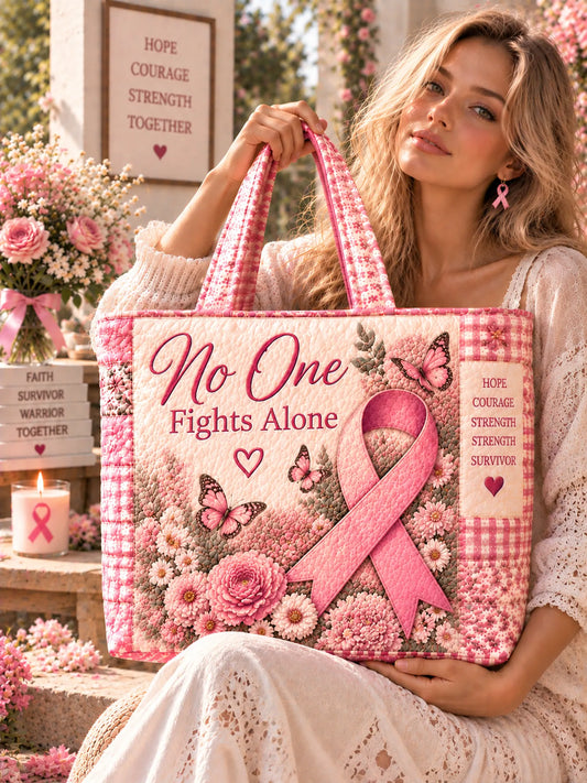 No One Fights Alone Pink Ribbon Butterfly Patchwork Quilted Tote Bag