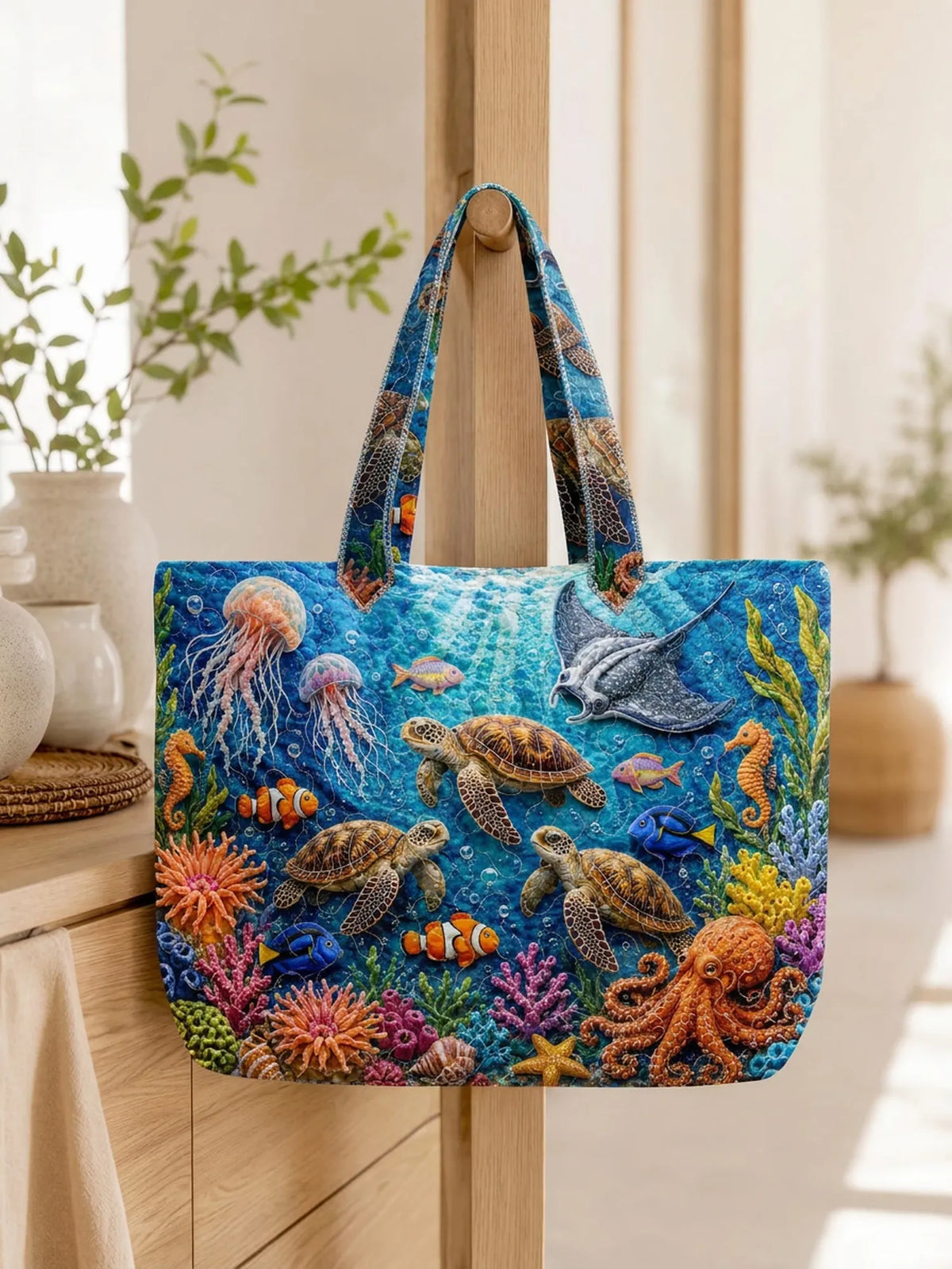 Ocean Sea Turtle Jellyfish Coral Marine Life Patchwork Quilted Tote Bag
