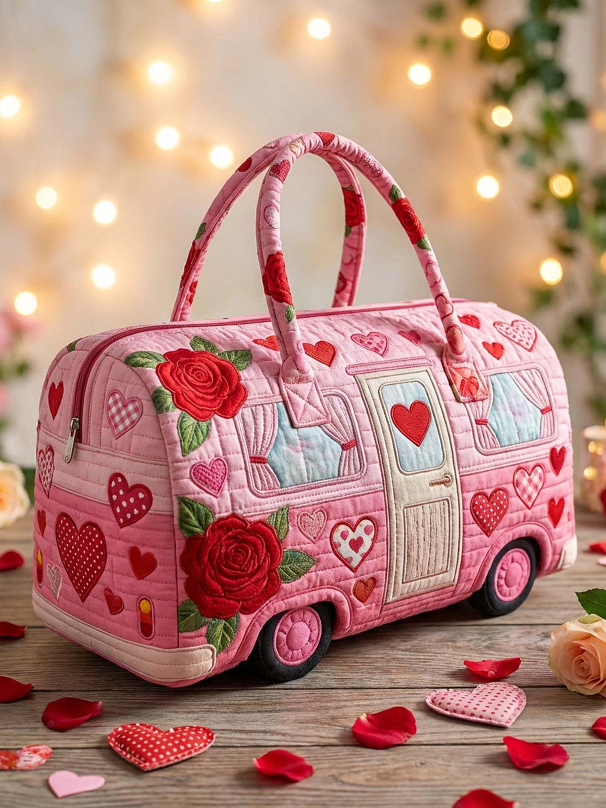Heart Rose Camper Van Quilted Duffle Bag