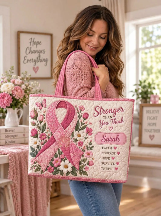 Faith Hope Courage Pink Ribbon Floral Patchwork Quilted Tote Bag
