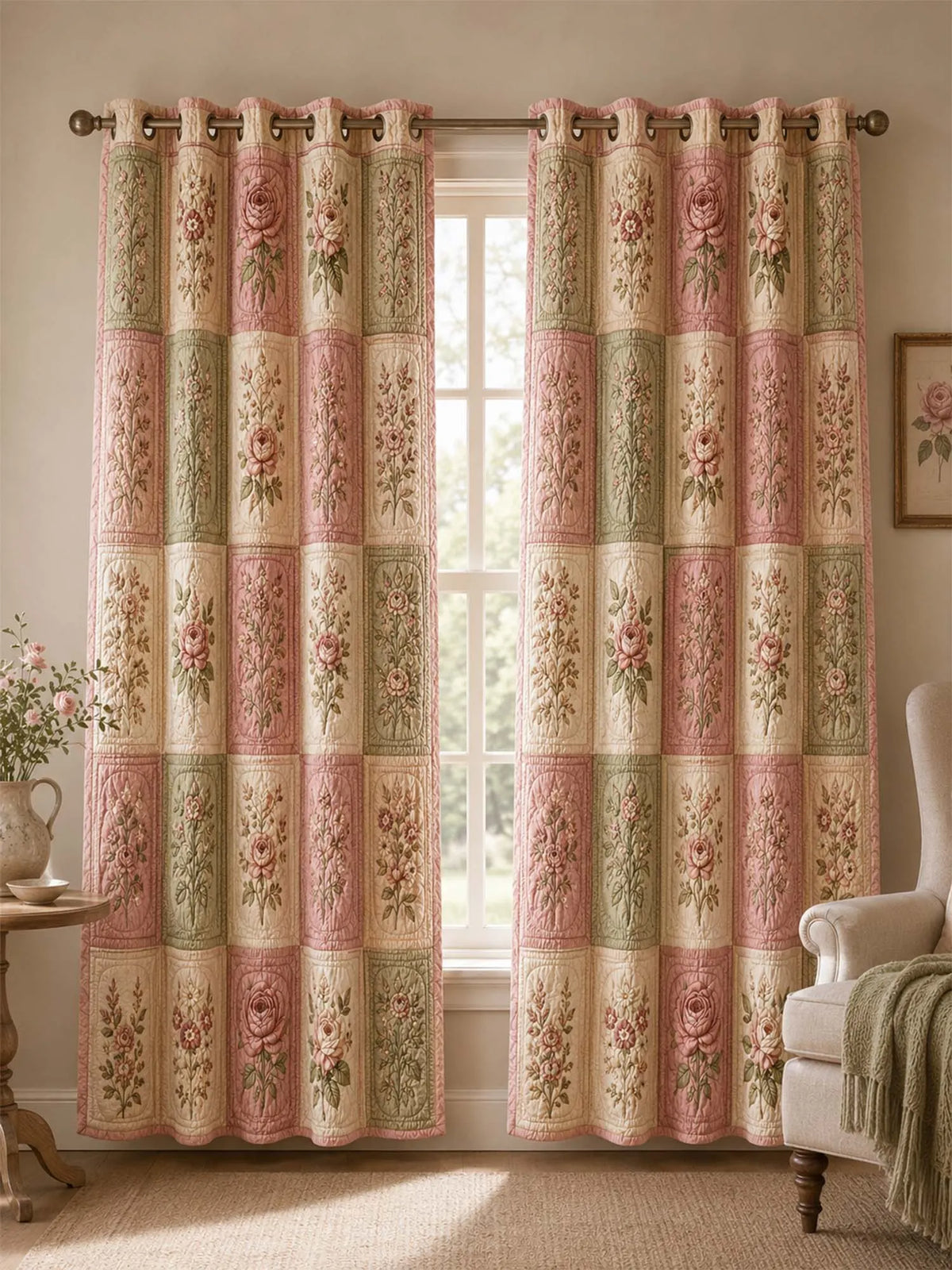 Vintage Rose Patchwork Quilted 2-Panel Curtain Set