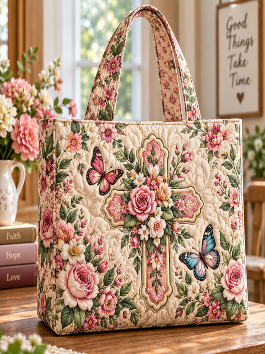 Floral Cross Butterfly Patchwork Quilted Tote Bag