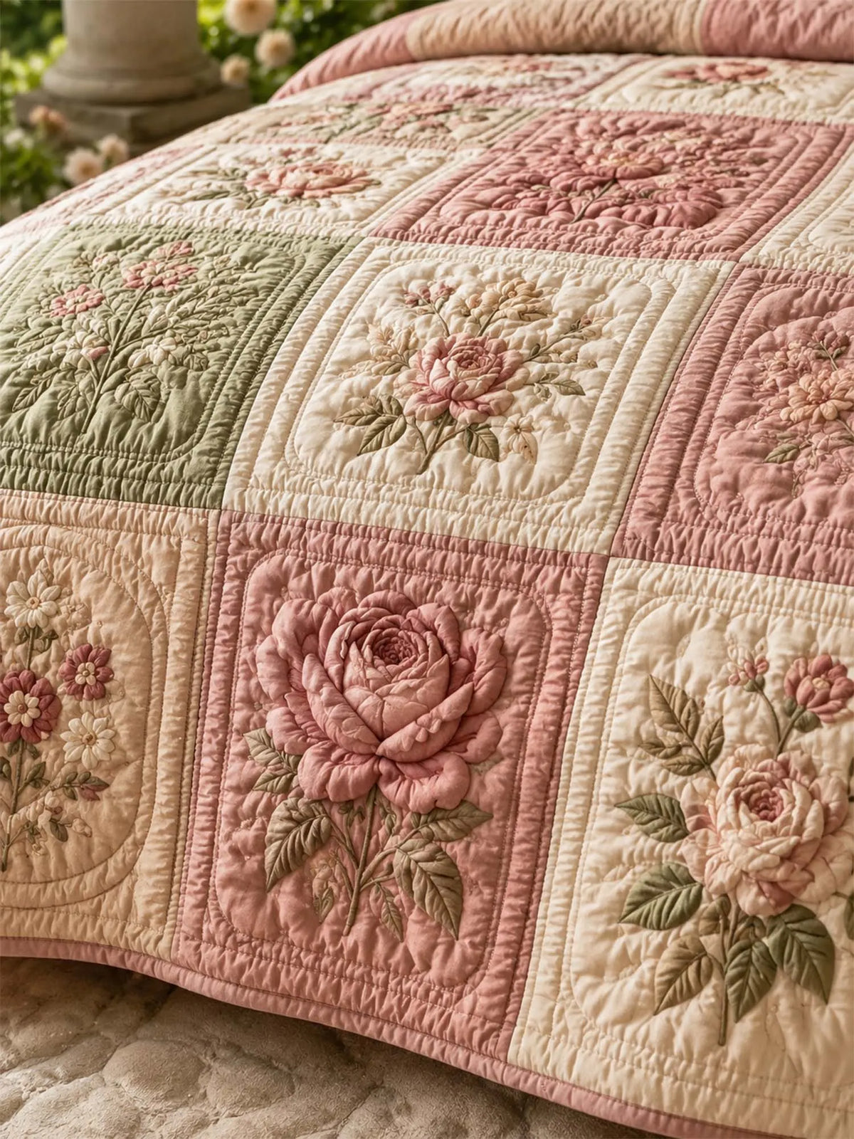 Vintage Rose Floral Quilted 3-Piece Bedding Set – Luxury Quilted Bedding with Matching Pillow Shams