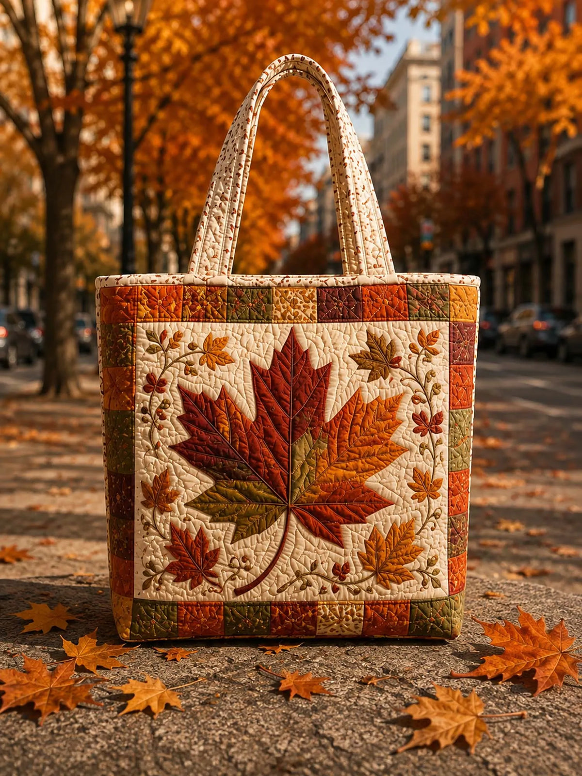 Vintage Fall Leaf Patchwork Quilted Tote Bag