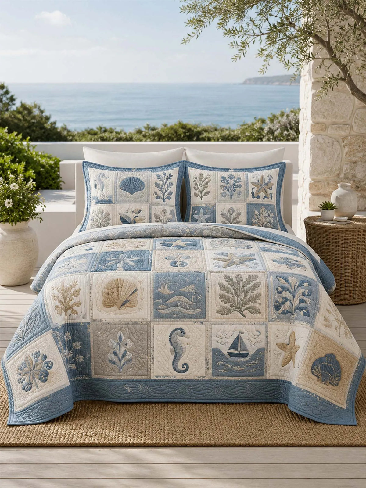 Coastal Ocean Quilted 3-Piece Bedding Set – Luxury Quilted Bedding with Matching Pillow Shams