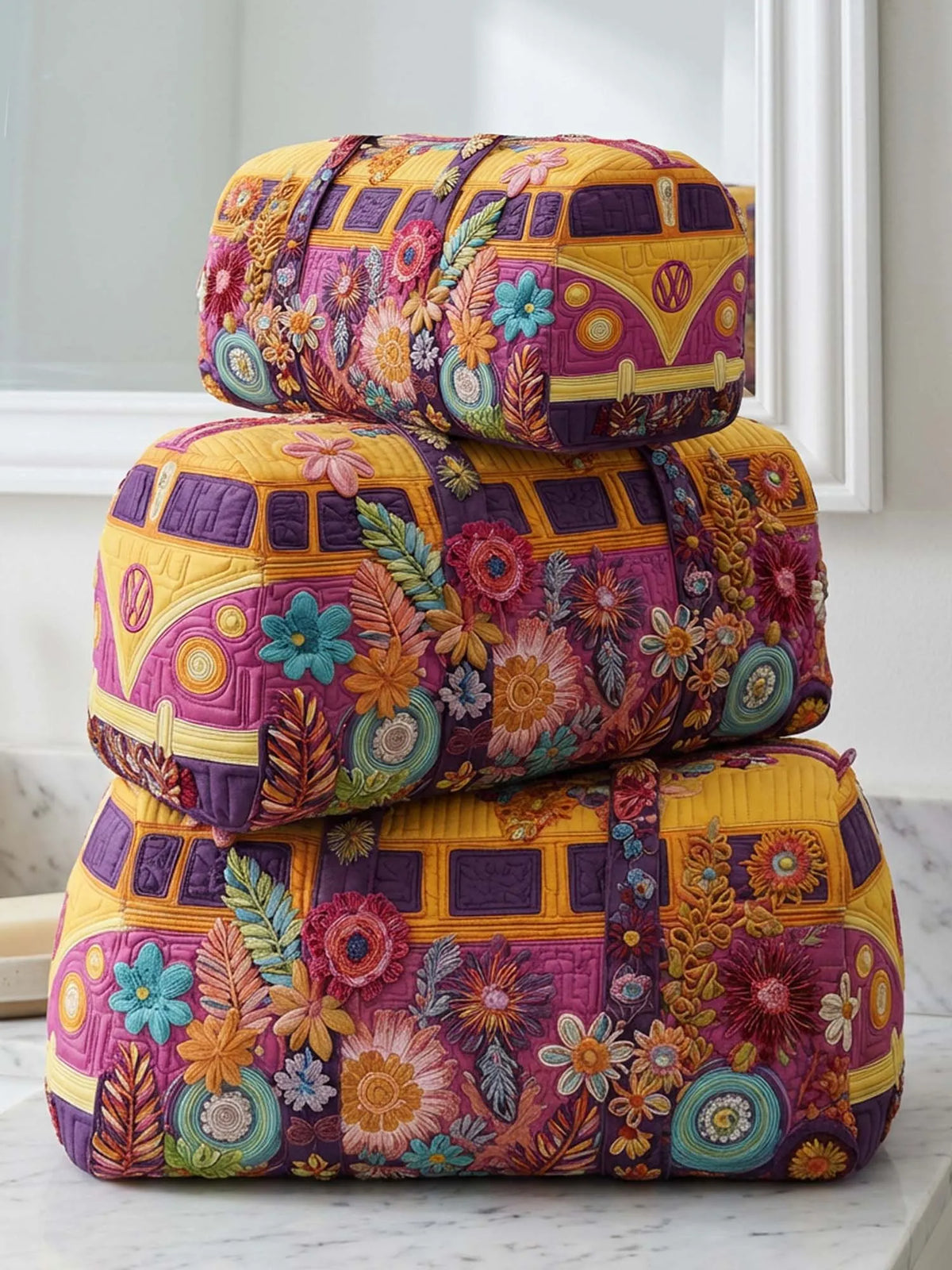 Hippie Van Flower Cotton Quilted Cosmetic Bag