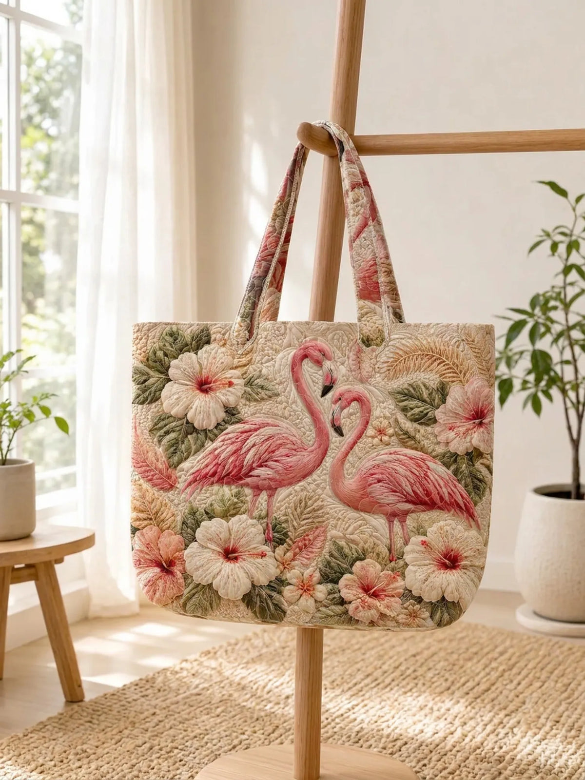 Vintage Flamingo Hibiscus Tropical Leaf Patchwork Quilted Tote Bag