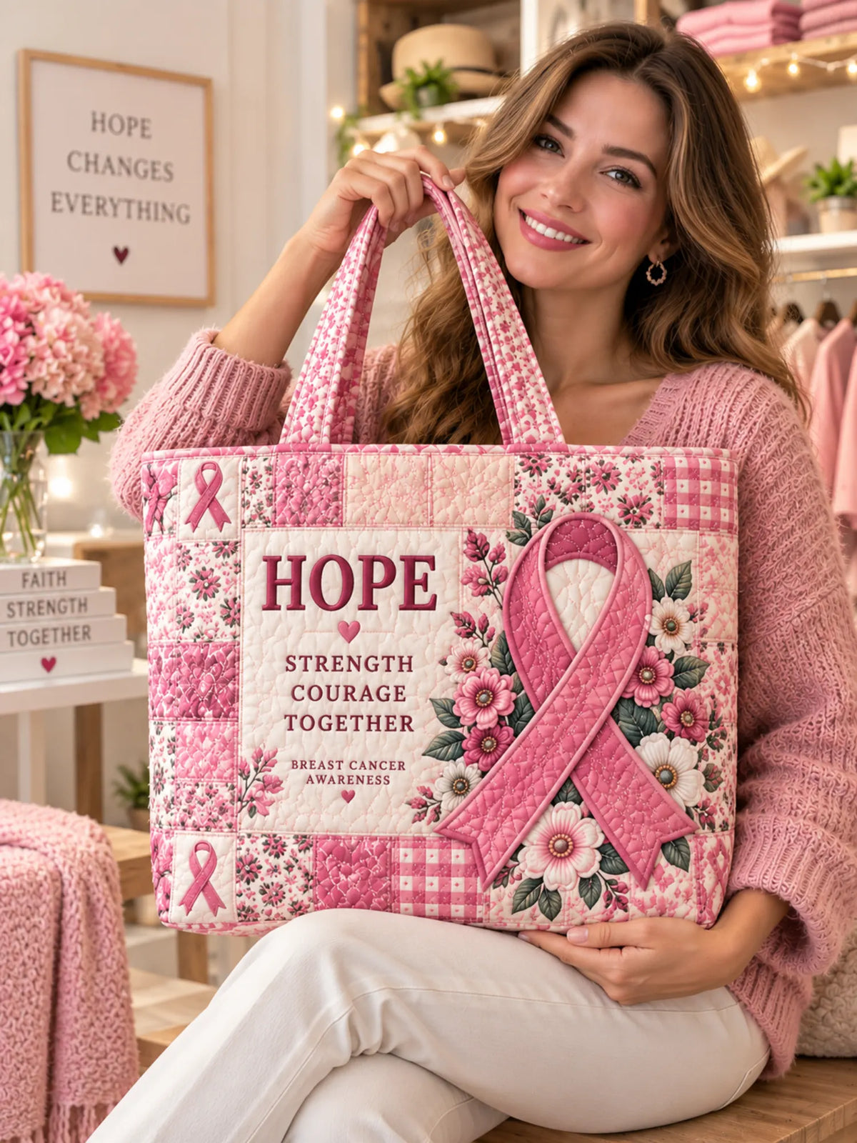 Hope Strength Courage Pink Ribbon Patchwork Quilted Tote Bag