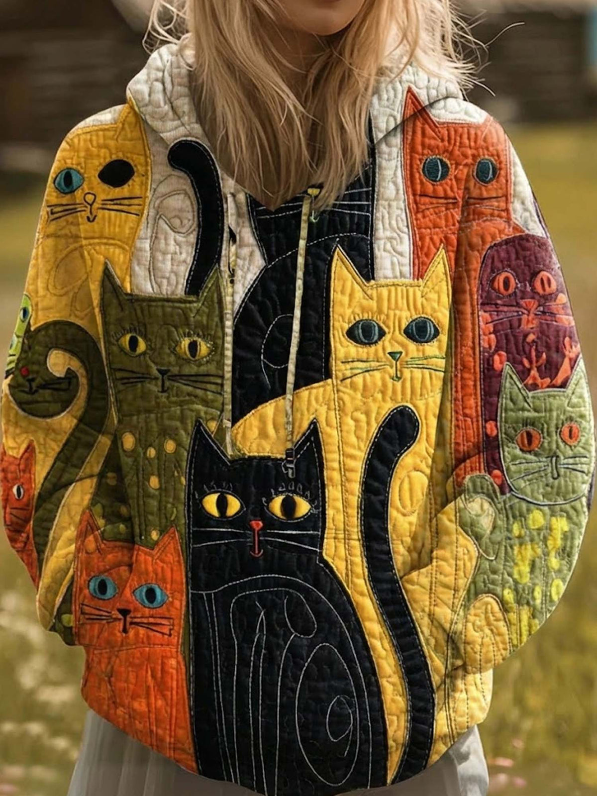Vintage Cat Quilted Casual Regular Fit Long Sleeve Hoodie Sweatshirt