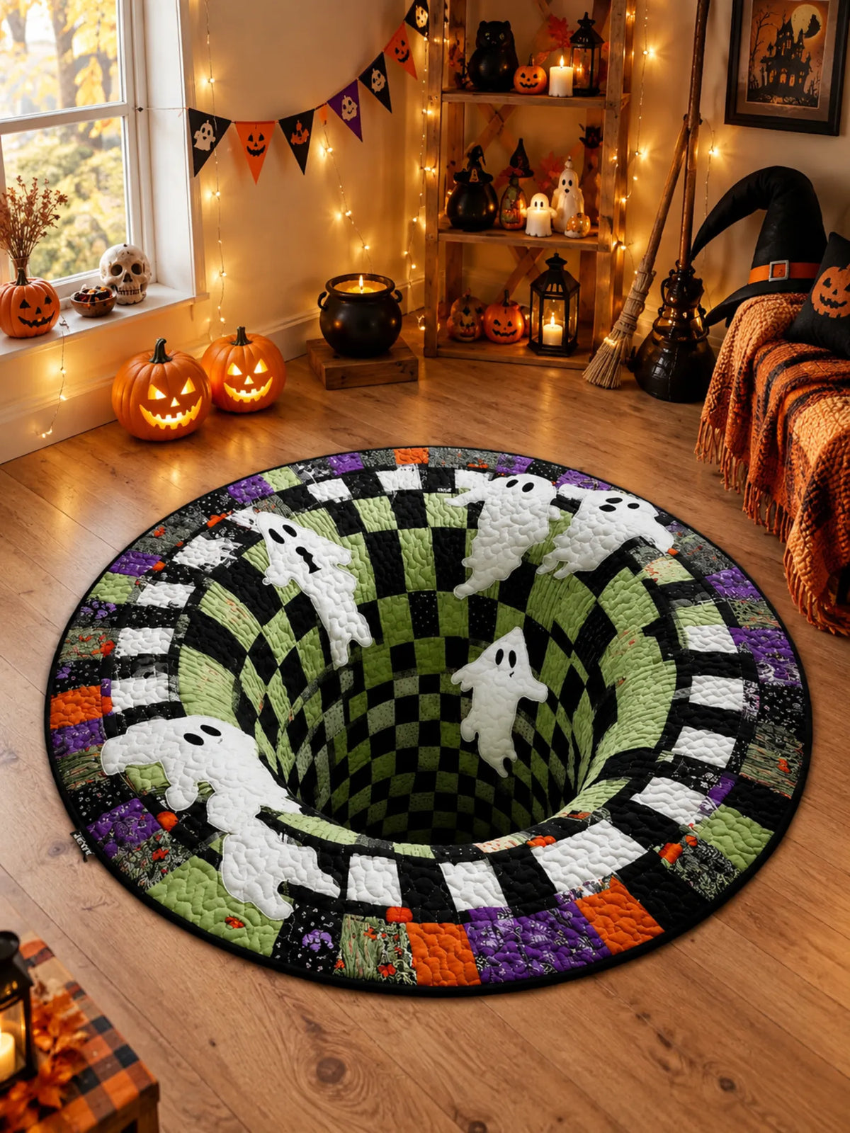 Halloween Ghost Checkered Vortex Patchwork Quilted Round Mat