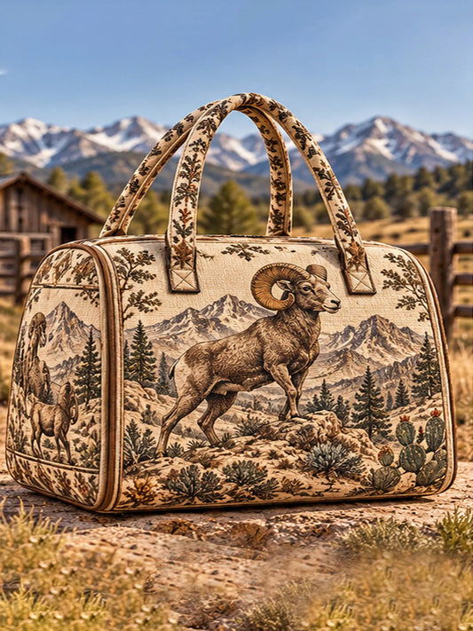 Retro Wilderness Bighorn Sheep Snow Mountain Pine Quilted Duffle Bag