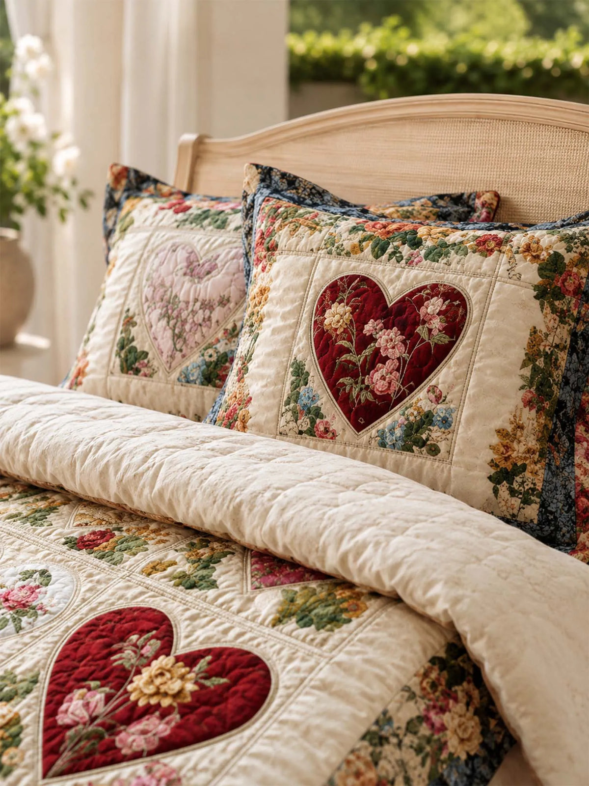 Vintage Heart Floral Quilted 3-Piece Bedding Set – Luxury Quilted Bedding with Matching Pillow Shams