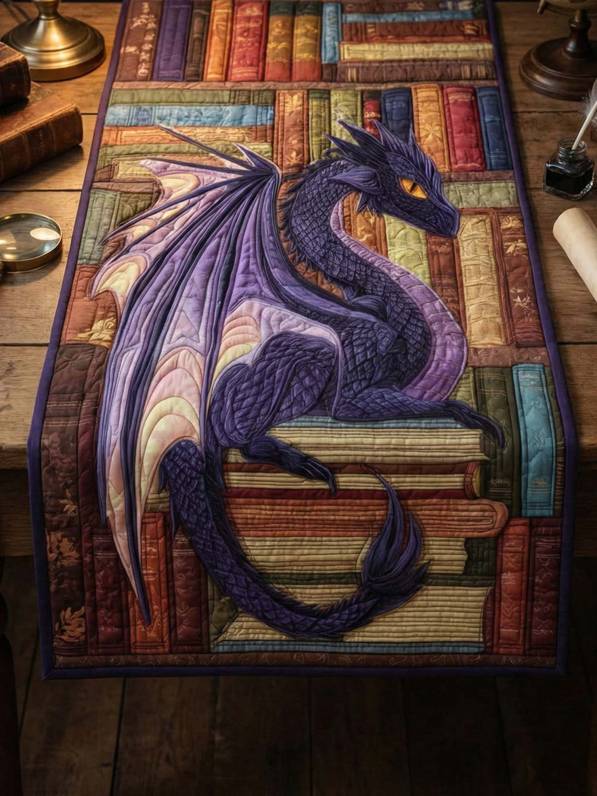 Mysterious Dragons And Books Quilted Table Runner