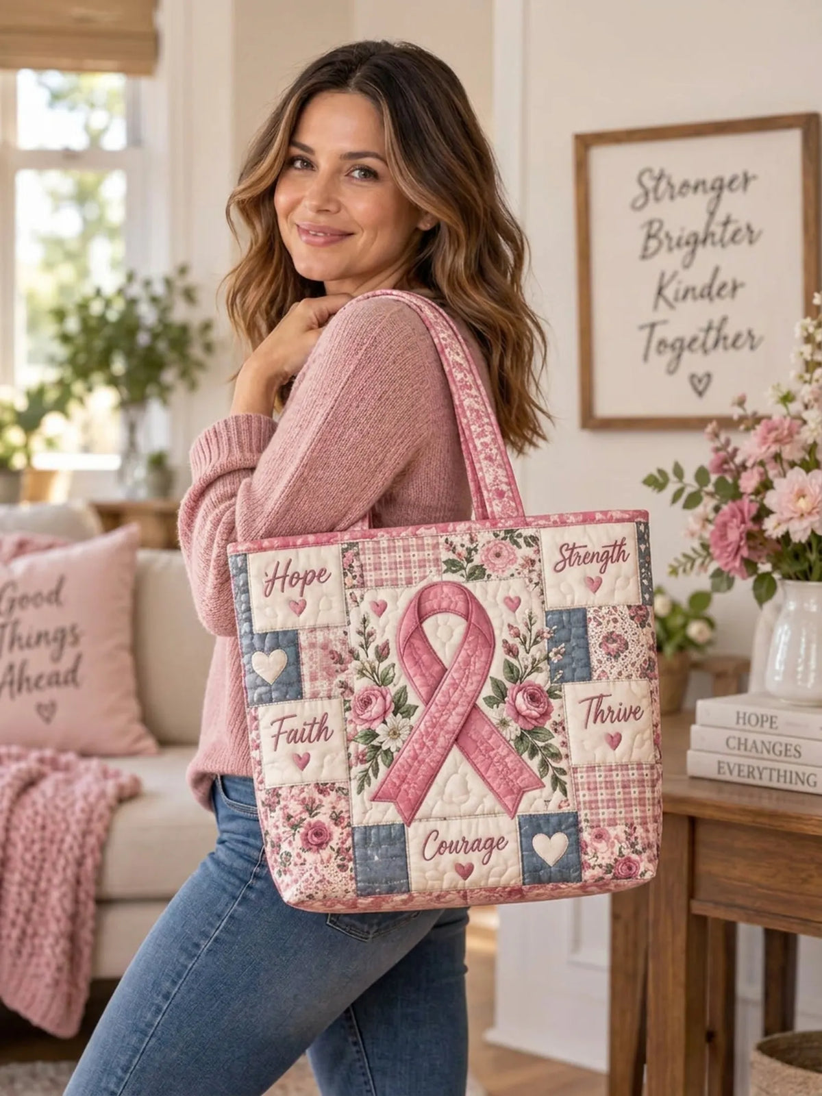 Vintage Plaid Pink Ribbon Rose Patchwork Quilted Tote Bag