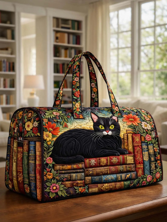 Black Cat And Books Quilted Duffle Bag