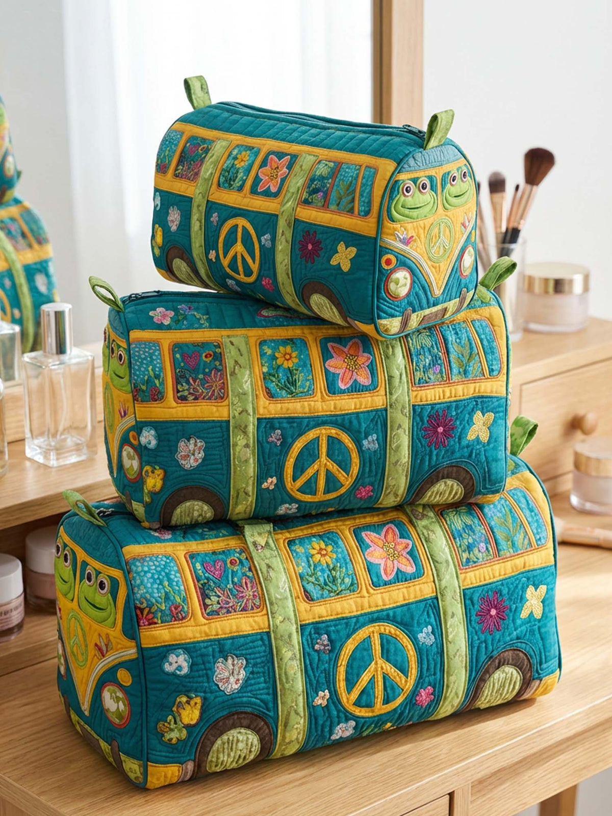 Hippie Van Peace Frog Cotton Quilted Cosmetic Bag