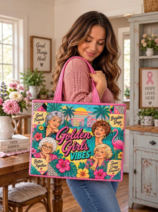 Golden Girls Vibes Tropical Flamingo Patchwork Quilted Tote Bag