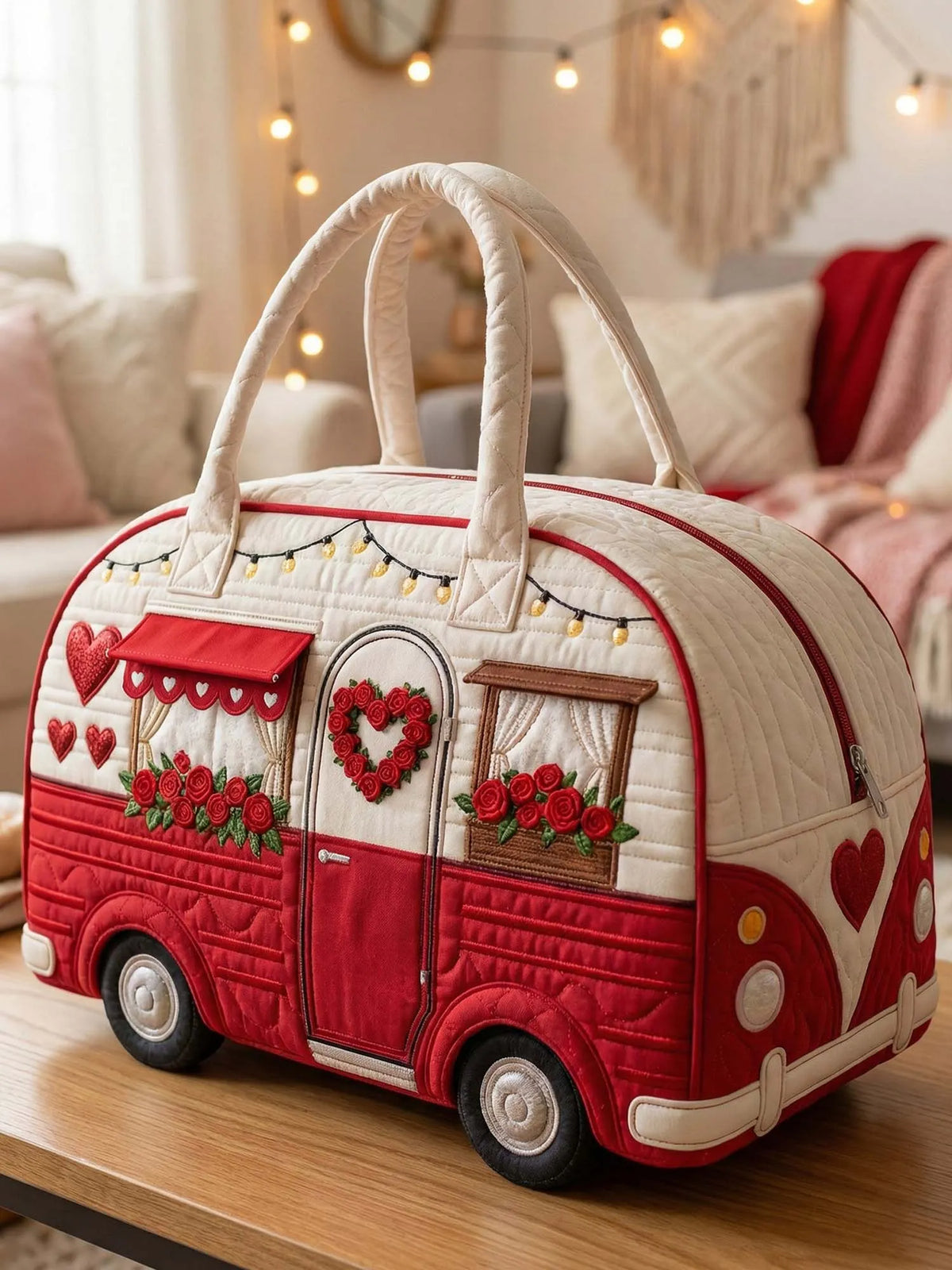 Heart-Shaped Camper Van Quilted Duffle Bag