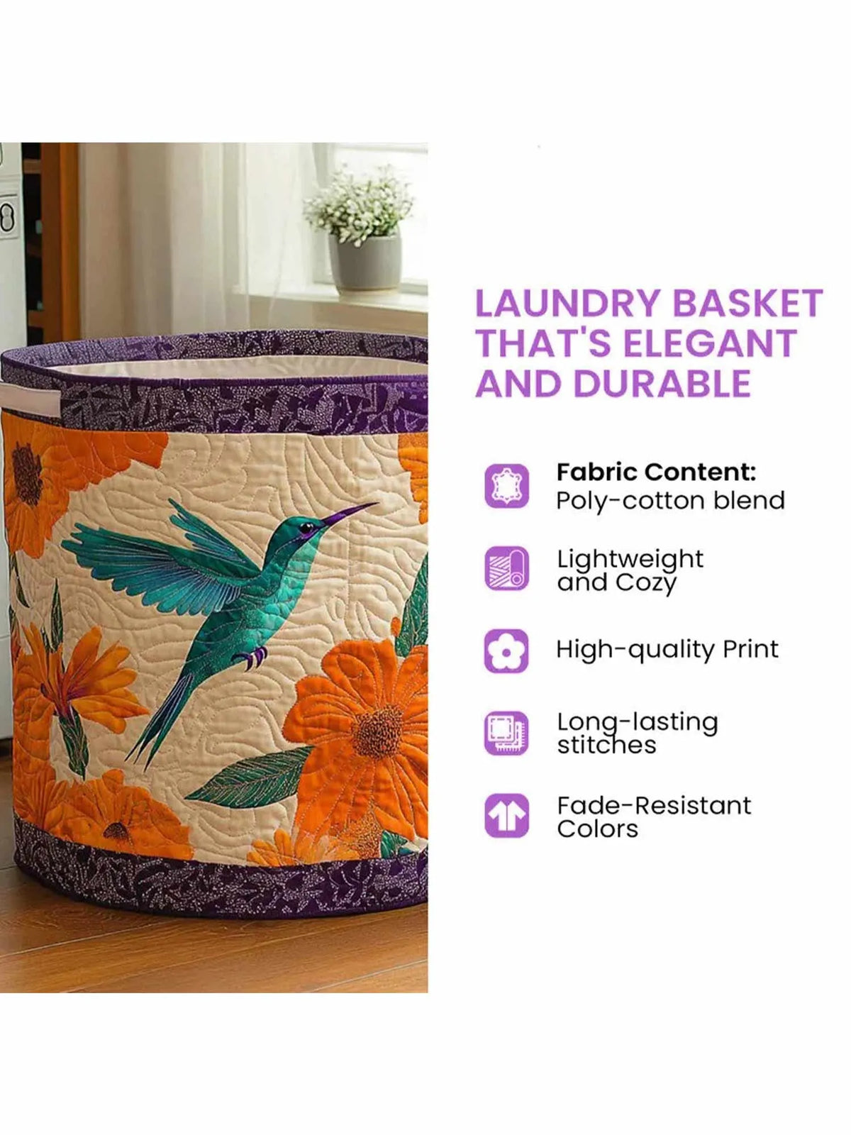 Flowers And Hummingbirds Quilted Laundry Basket