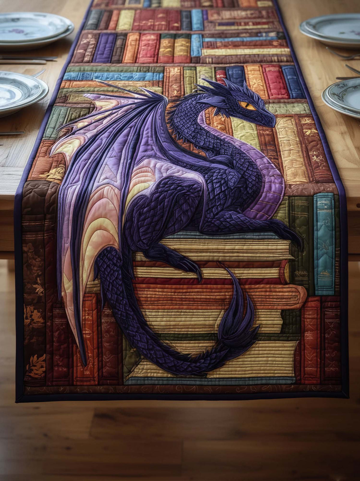 Mysterious Dragons And Books Quilted Table Runner