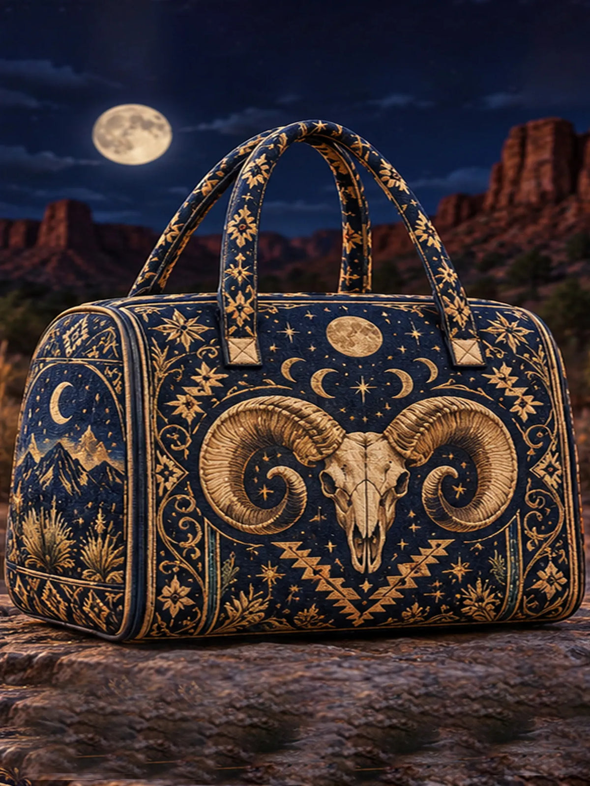 Dark Boho Ram Skull Night Sky Star Moon Quilted Duffle Bag